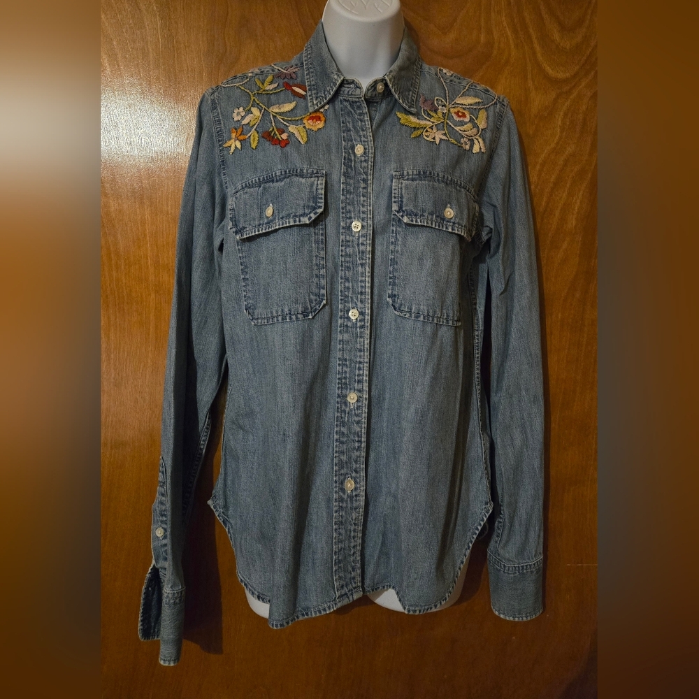 Ralph Lauren Embroidered Denim Shirt with Floral Design Sz M